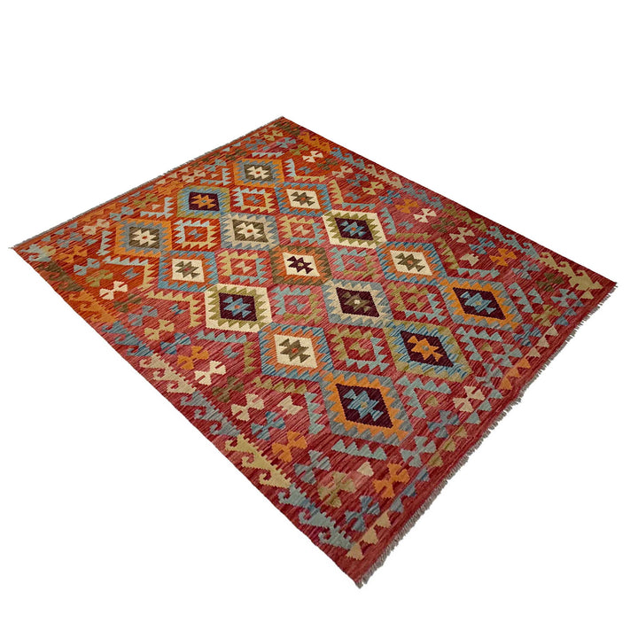 Afghan Kilim Rug 5' 3" x 6' 8" Flat-Weave close-up