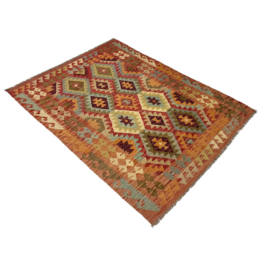 Afghan Kilim Rug 4' 5" x 6' 4" Flat-Weave close-up