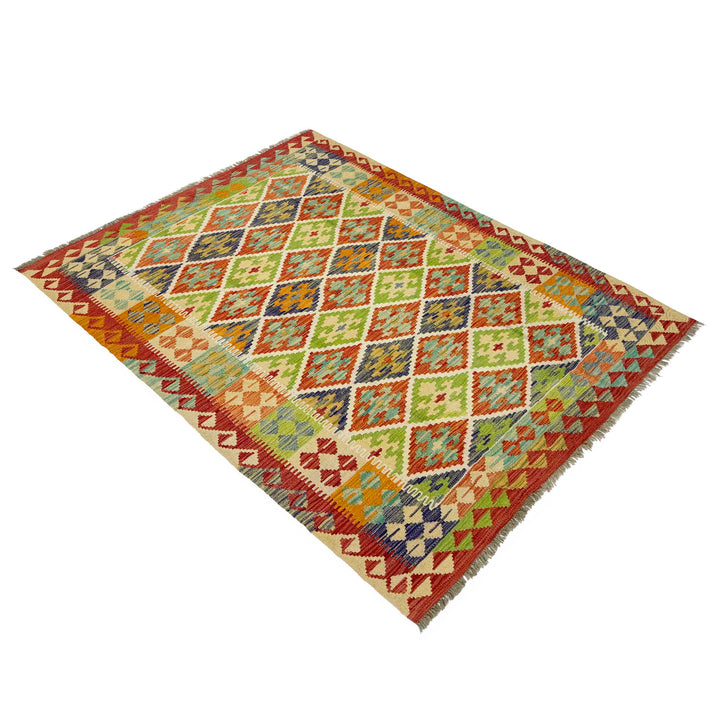Afghan Vegetable Kilim Rug 4' 9" x 6' 8" Flat-Weave close-up