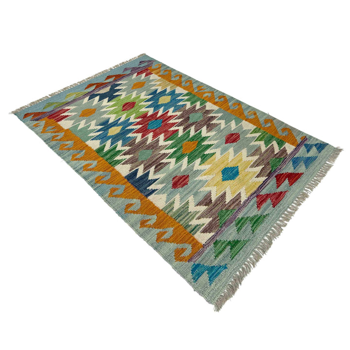 Afghan Vegetable Kilim Rug 2'7" x 4'1" Flat-Weave close-up