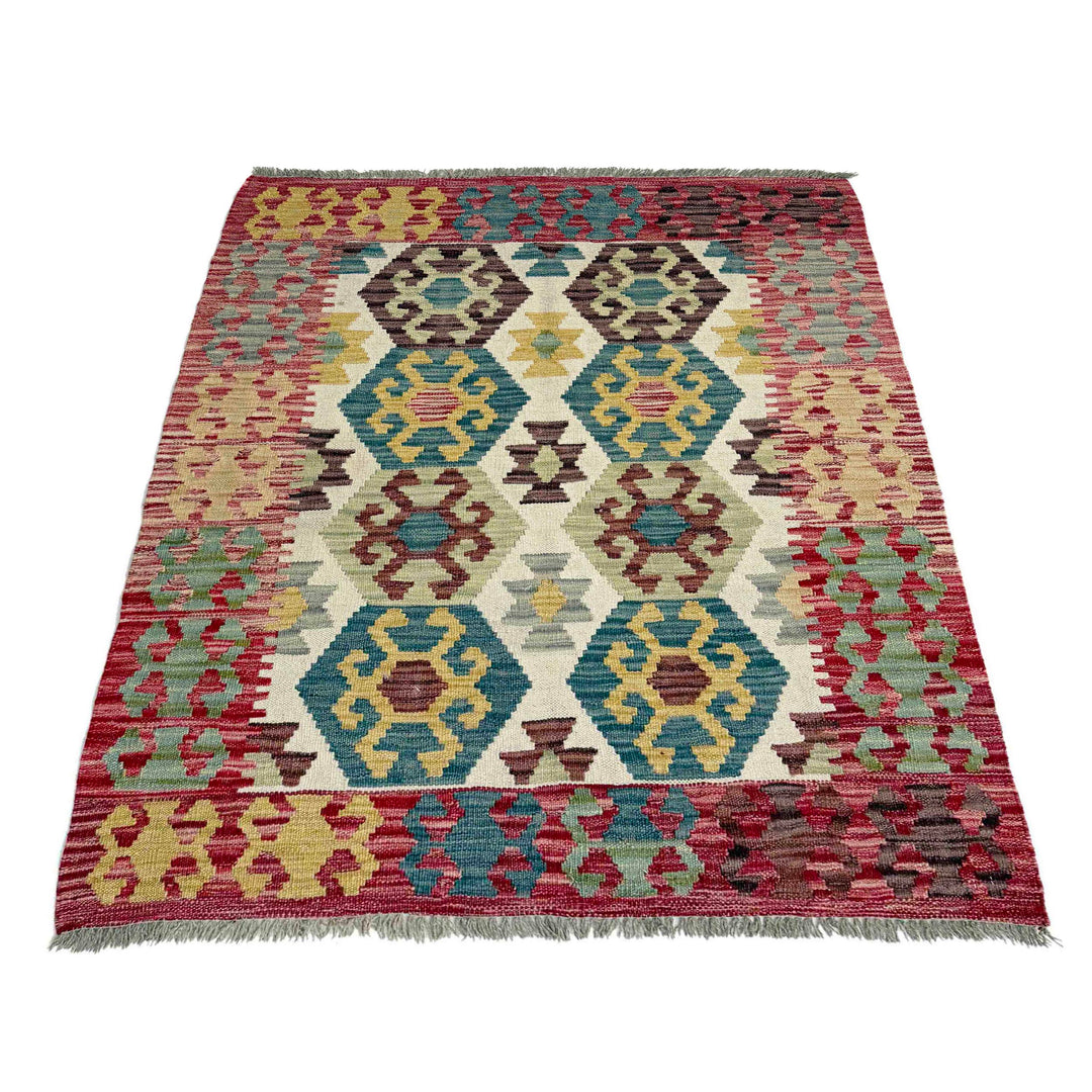 Afghan Vegetable Kilim Rug 3' 5" x 4' 8" Flat-Weave detail