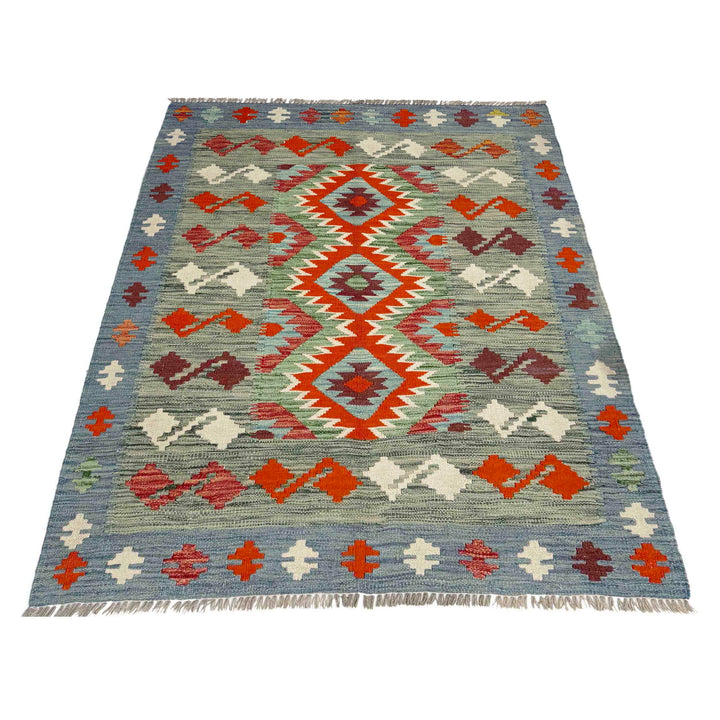 Multicolor Afghan Vegetable Kilim Rug 3'9" x 5'0" Flat-Weave detail