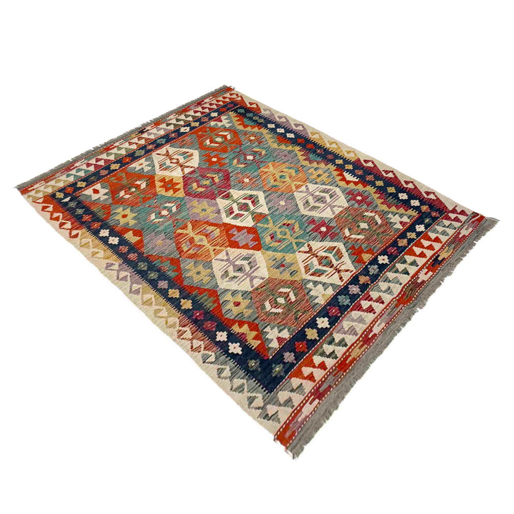 Afghan Vegetable Kilim Rug 5' 0" x 6' 9" Flat-Weave close-up
