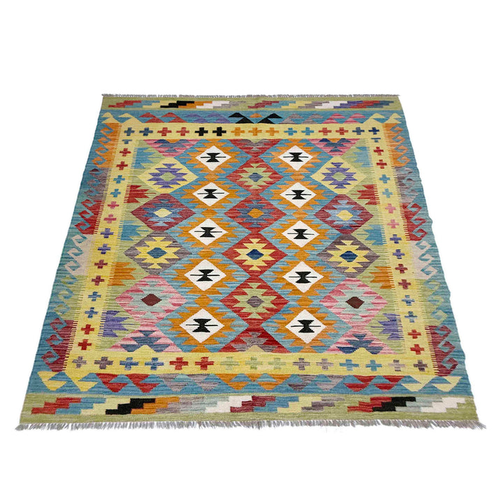 Afghan Vegetable Kilim Rug 5' 2" x 6' 9" Flat-Weave detail