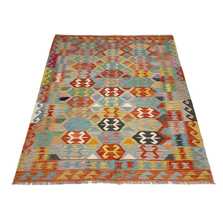 Afghan Vegetable Kilim Rug 5'11" x 8'0" Flat-Weave detail