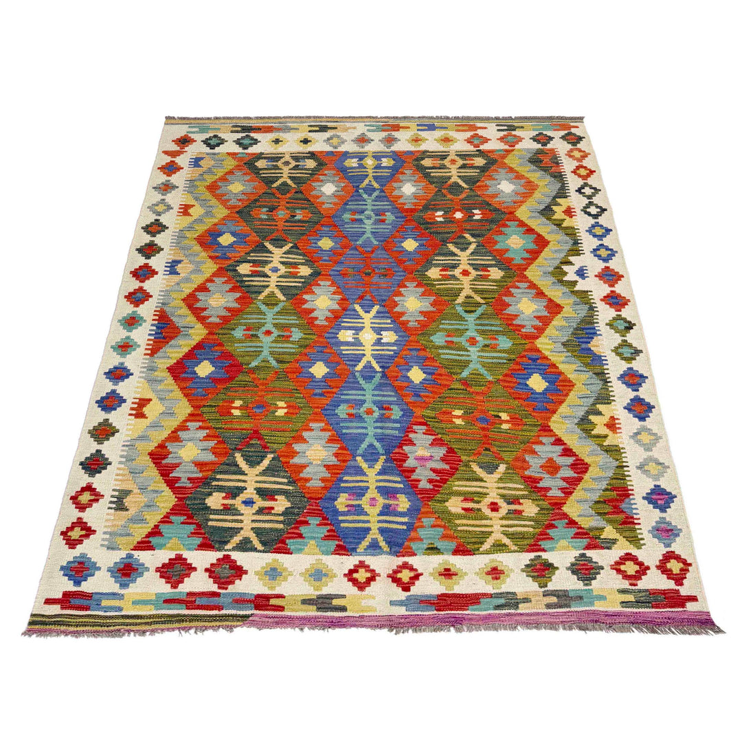 Afghan Vegetable Kilim Rug 4' 11" x 6' 7" Flat-Weave detail