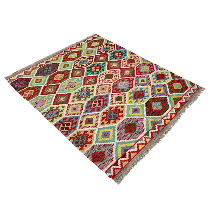 Afghan Vegetable Kilim Rug 5' 2" x 6' 5" Flat-Weave close-up