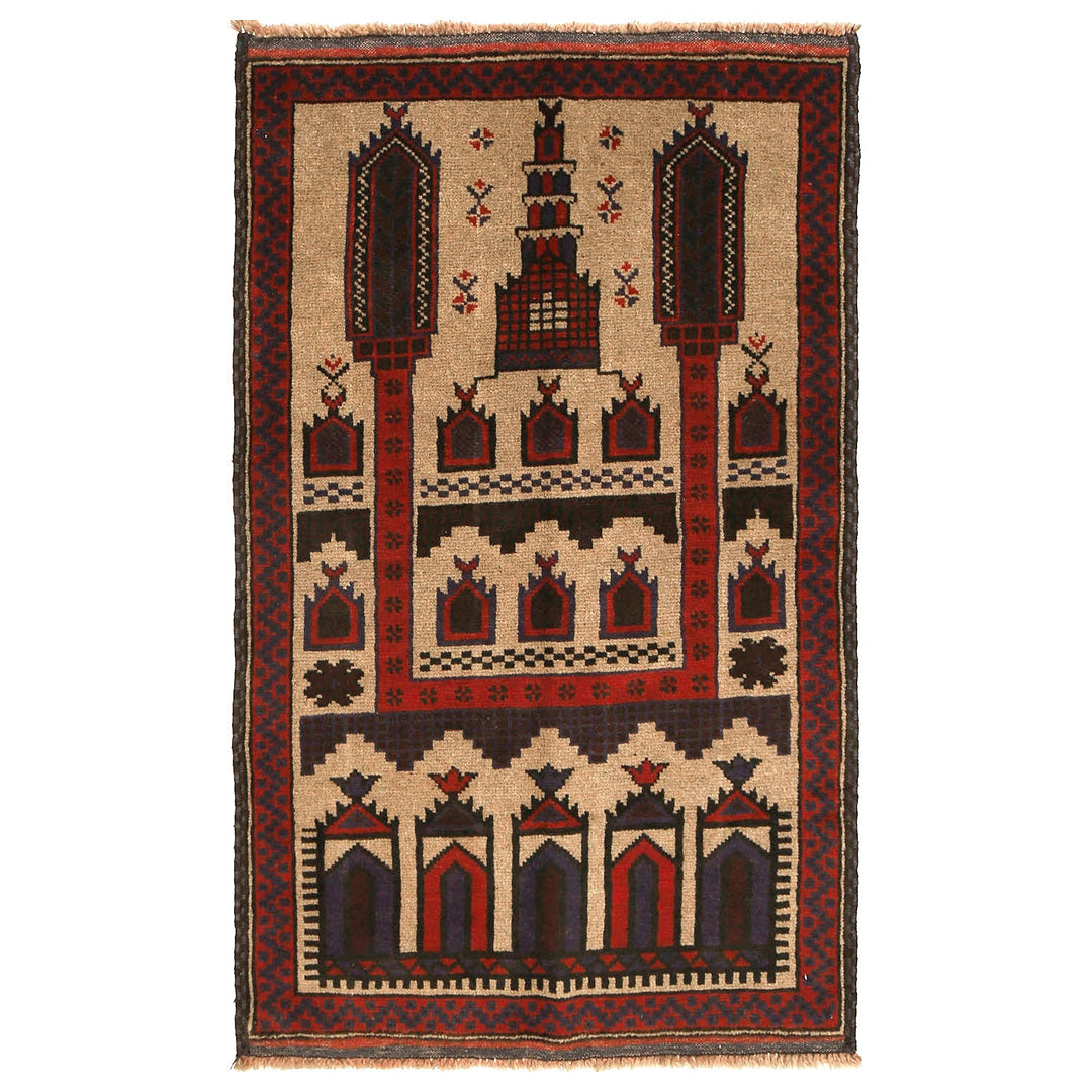 Beige Afghan Prayer Rug 2' 10" x 4' 8" Hand-Knotted