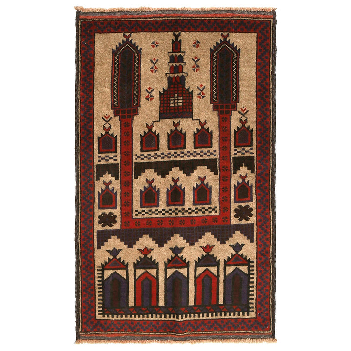 Beige Afghan Prayer Rug 2' 10" x 4' 8" Hand-Knotted