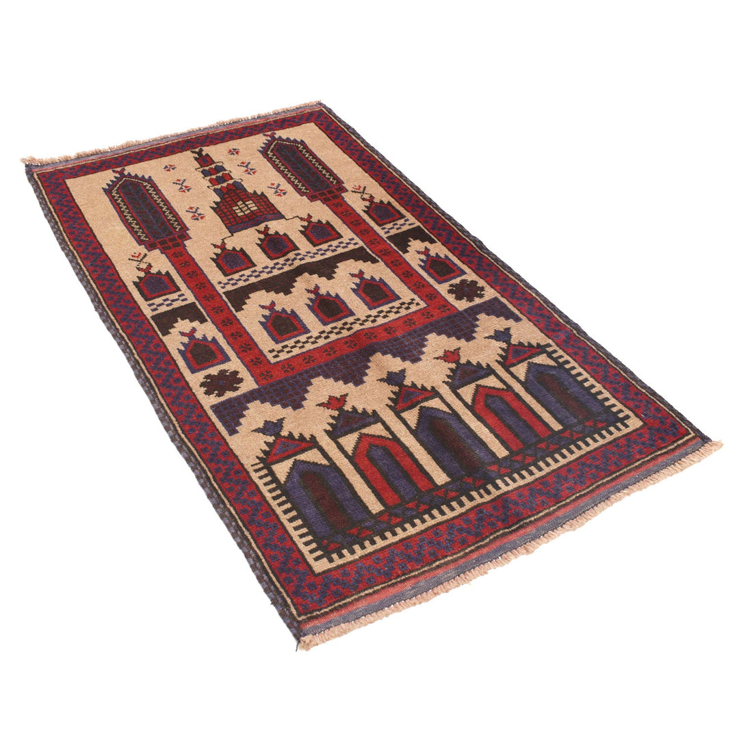 Beige Afghan Prayer Rug 2' 10" x 4' 8" Hand-Knotted close-up