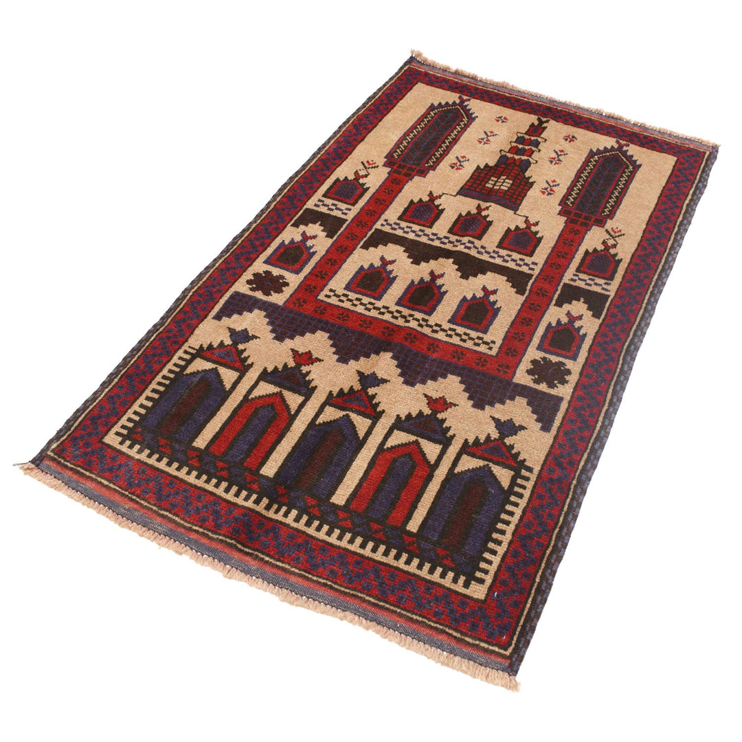 Beige Afghan Prayer Rug 2' 10" x 4' 8" Hand-Knotted pattern