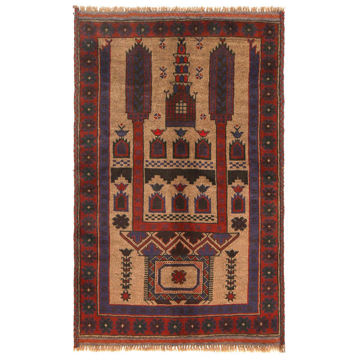 Beige Afghan Prayer Rug 2' 10" x 4' 5" Hand-Knotted