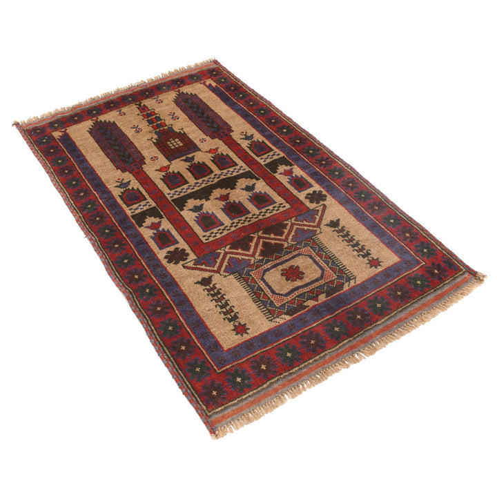 Beige Afghan Prayer Rug 2' 10" x 4' 5" Hand-Knotted close-up