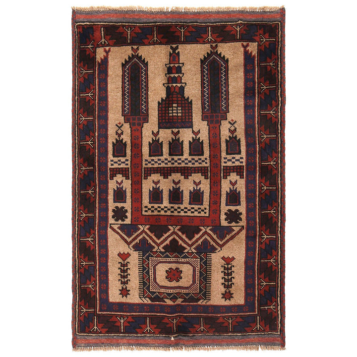 Beige Afghan Prayer Rug 2' 11" x 4' 3" Hand-Knotted