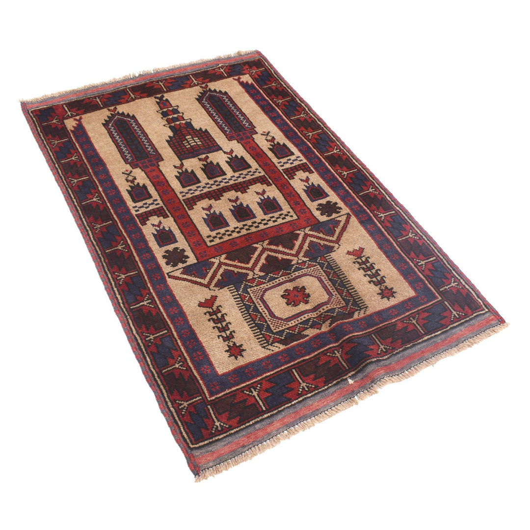 Beige Afghan Prayer Rug 2' 11" x 4' 3" Hand-Knotted close-up