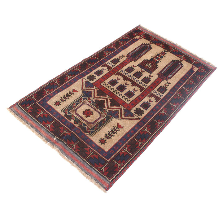 Beige Afghan Prayer Rug 2' 11" x 4' 3" Hand-Knotted pattern