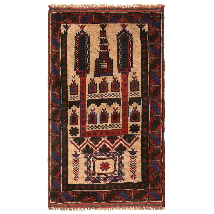 Beige Afghan Prayer Rug 2' 9" x 4' 6" Hand-Knotted