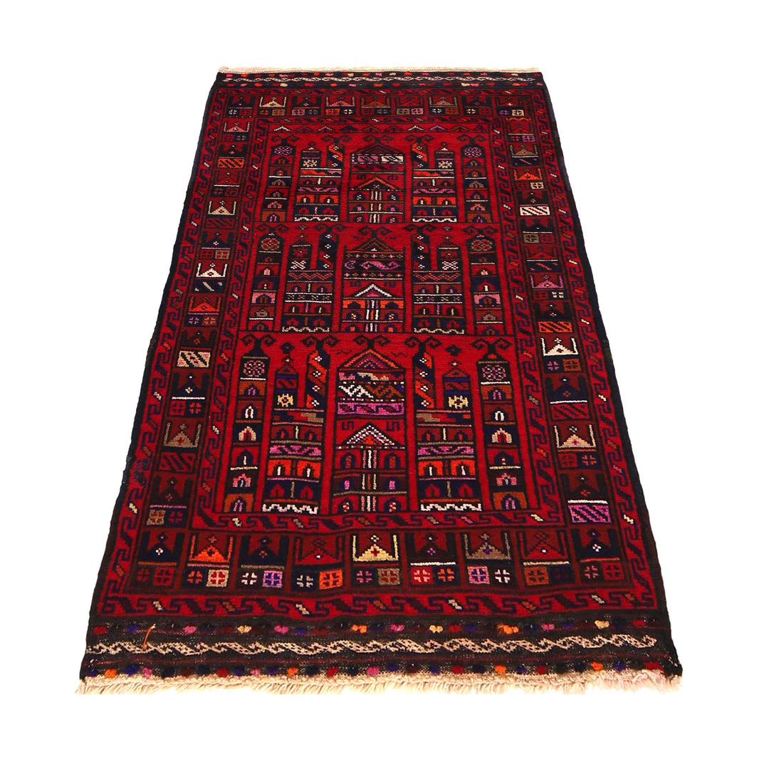 Red Afghan Prayer Rug 2' 6" x 4' 8" Hand-Knotted detail