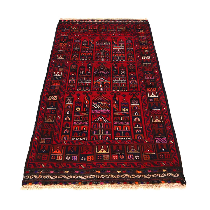 Red Afghan Prayer Rug 2' 6" x 4' 8" Hand-Knotted detail