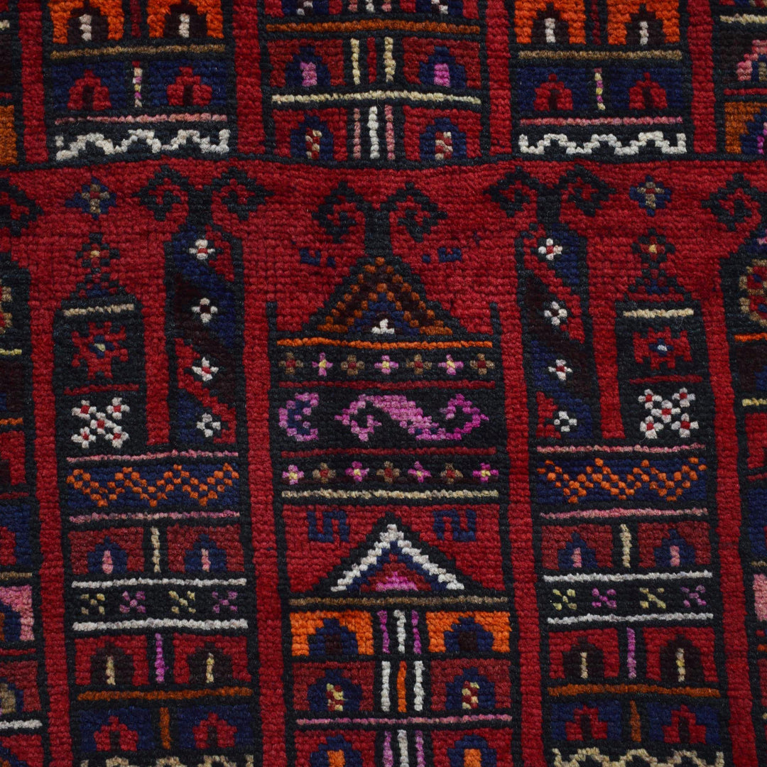 Red Afghan Prayer Rug 2' 6" x 4' 8" Hand-Knotted close-up