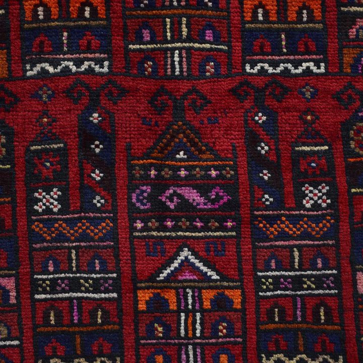 Red Afghan Prayer Rug 2' 6" x 4' 8" Hand-Knotted close-up