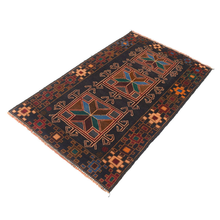 Black Afghan Baluchi Rug 2' 10" x 4' 8" Hand-Knotted pattern