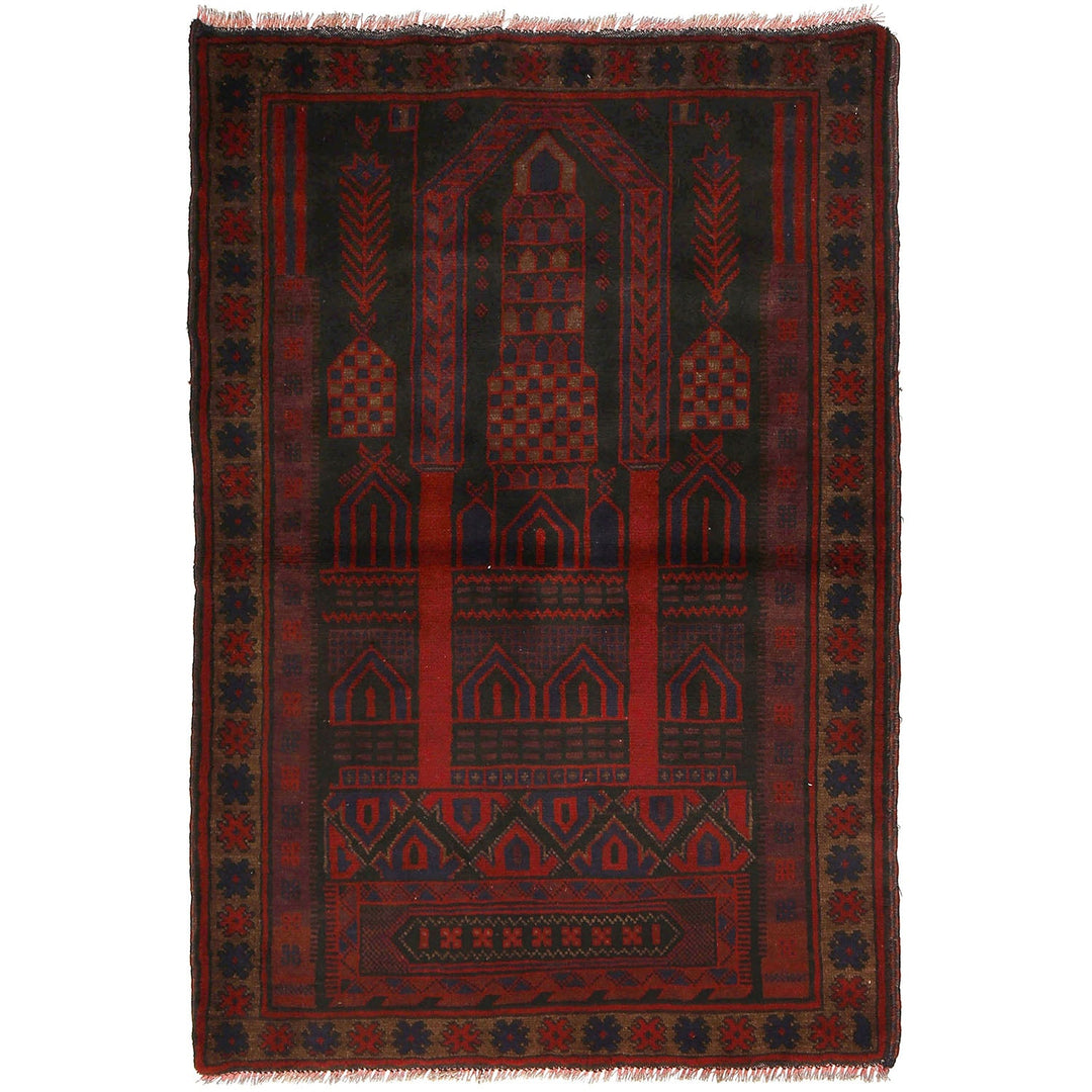 Afghan Prayer Rug 3' 1" x 4' 9" Hand-Knotted