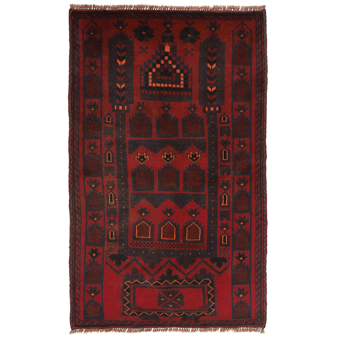 Red Afghan Prayer Rug 3' 1" x 5' 0" Hand-Knotted