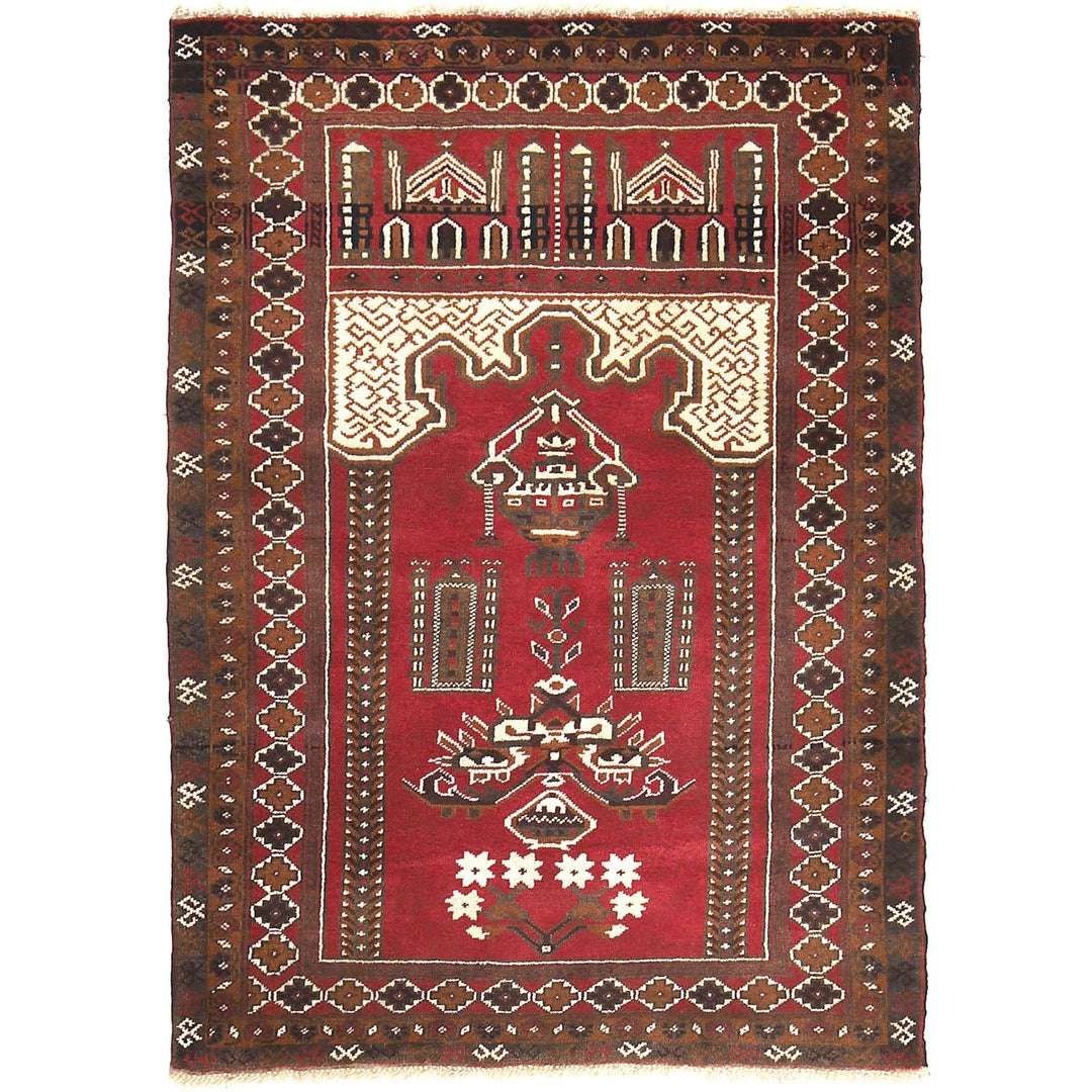 Red Afghan Prayer Rug 3' 0" x 4' 9" Hand-Knotted