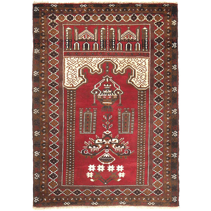 Red Afghan Prayer Rug 3' 0" x 4' 9" Hand-Knotted