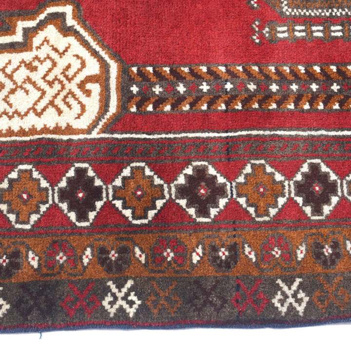 Red Afghan Prayer Rug 3' 0" x 4' 9" Hand-Knotted detail