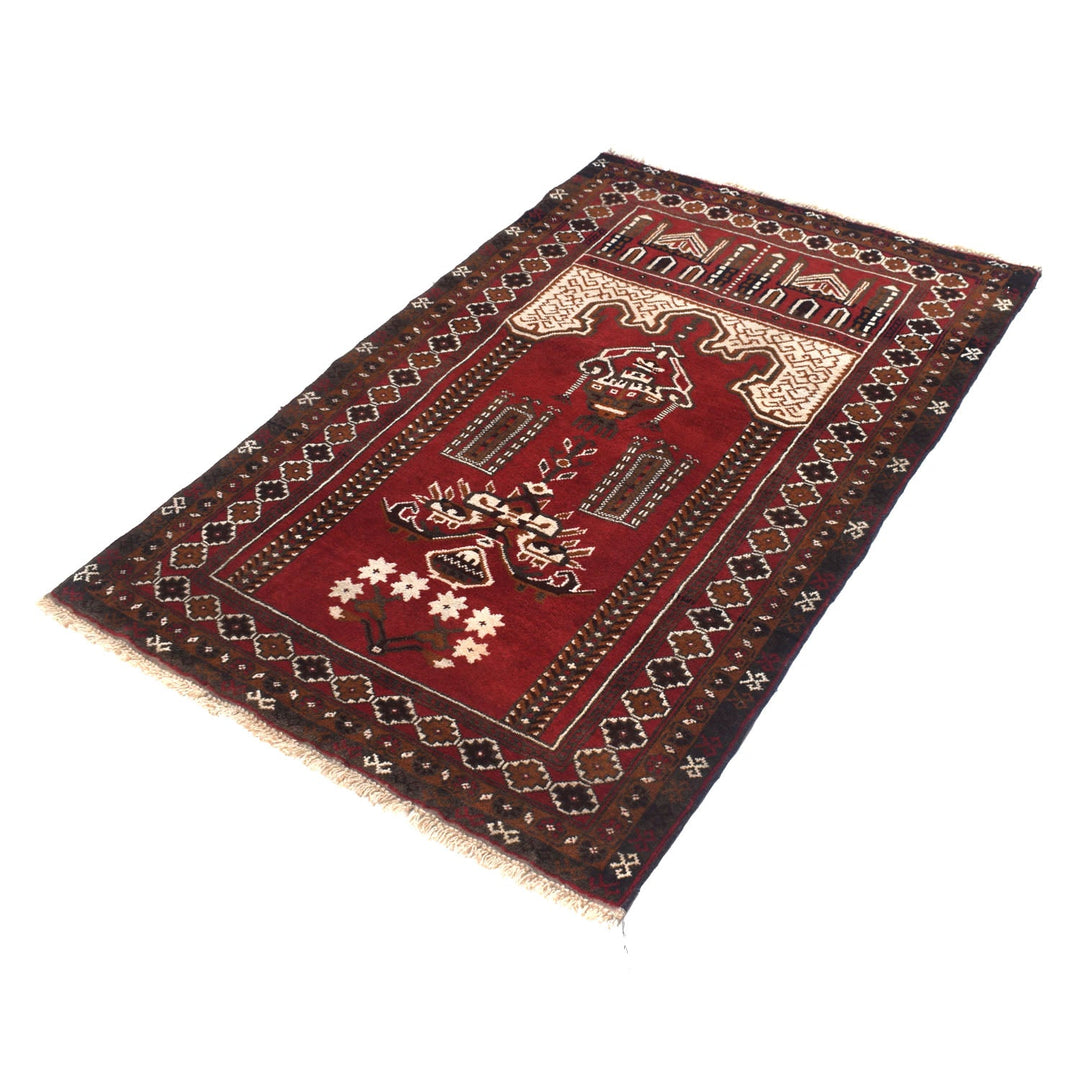Red Afghan Prayer Rug 3' 0" x 4' 9" Hand-Knotted pattern