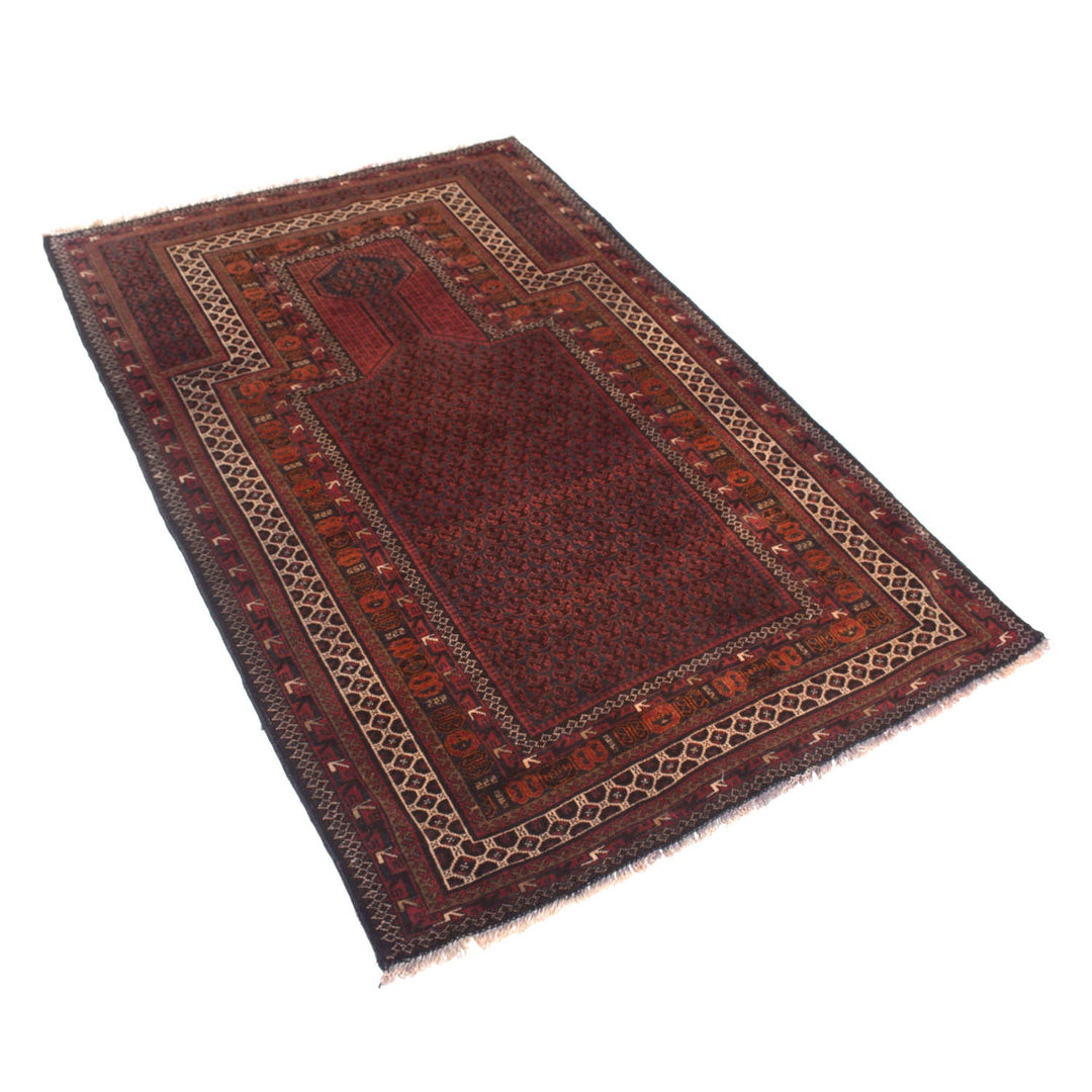 Red Afghan Prayer Rug 3' 3" x 5' 3" Hand-Knotted close-up