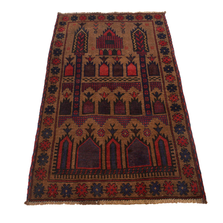 Brown Afghan Prayer Rug 2' 11" x 4' 9" Hand-Knotted detail