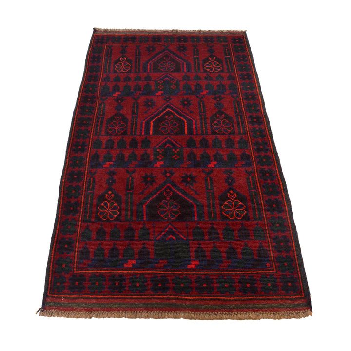 Red Afghan Prayer Rug 3' 1" x 5' 1" Hand-Knotted detail