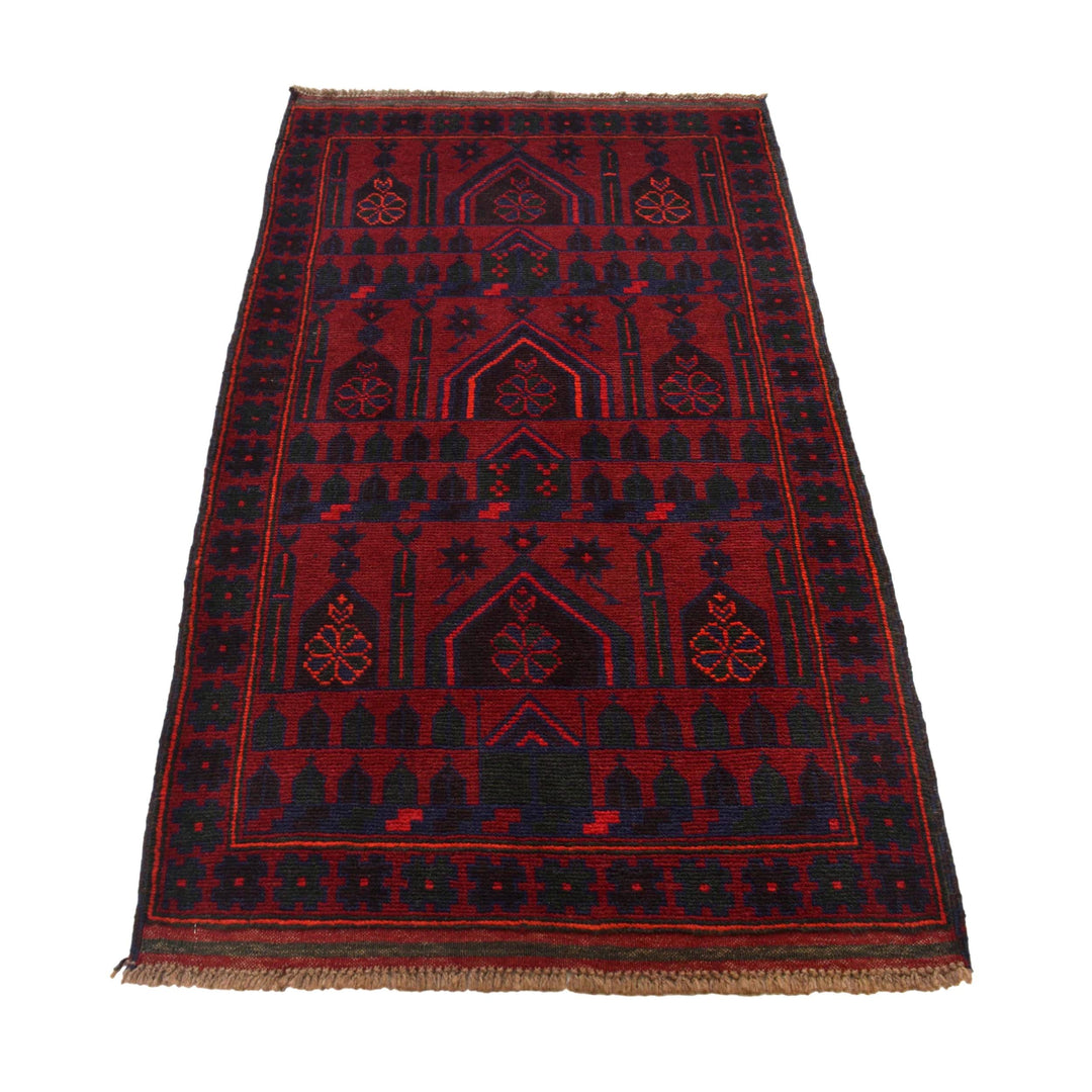 Red Afghan Prayer Rug 3' 1" x 5' 1" Hand-Knotted detail