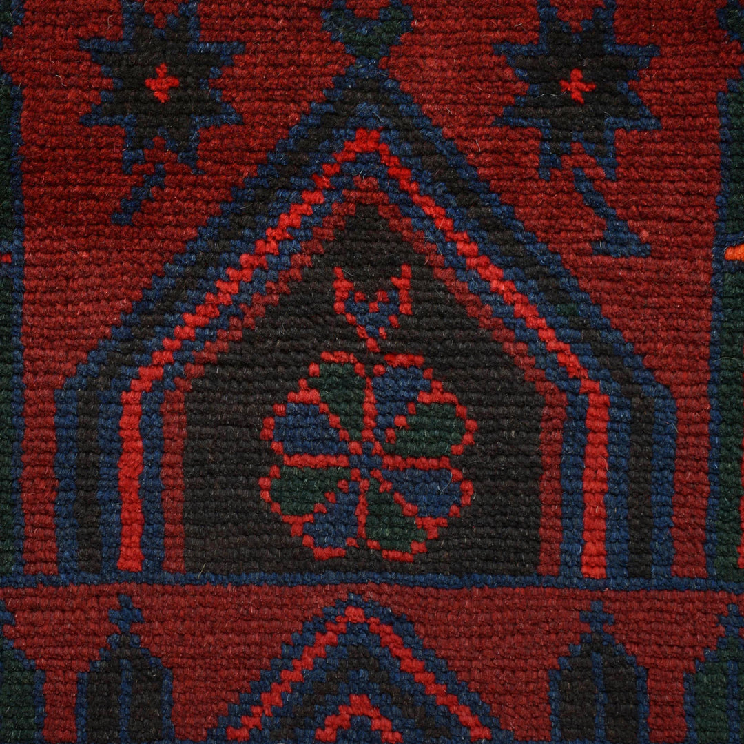 Red Afghan Prayer Rug 3' 1" x 5' 1" Hand-Knotted close-up
