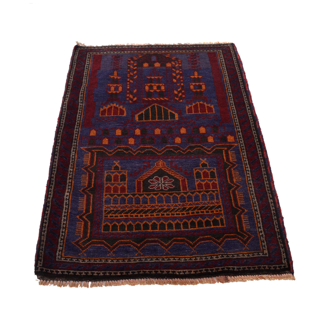 Blue Afghan Prayer Rug 3' 1" x 4' 8" Hand-Knotted detail