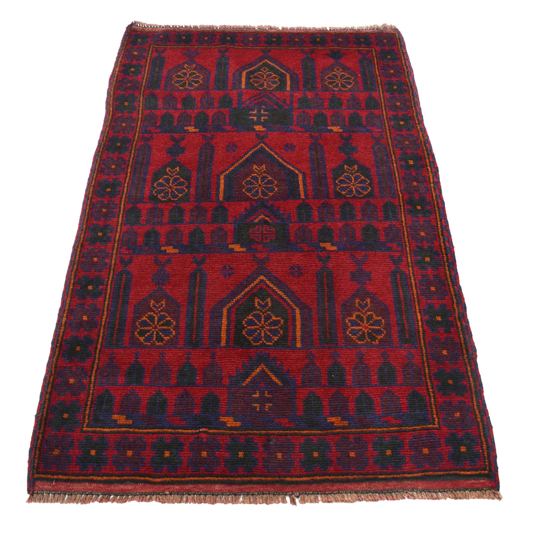 Red Afghan Prayer Rug 3' 0" x 4' 11" Hand-Knotted detail