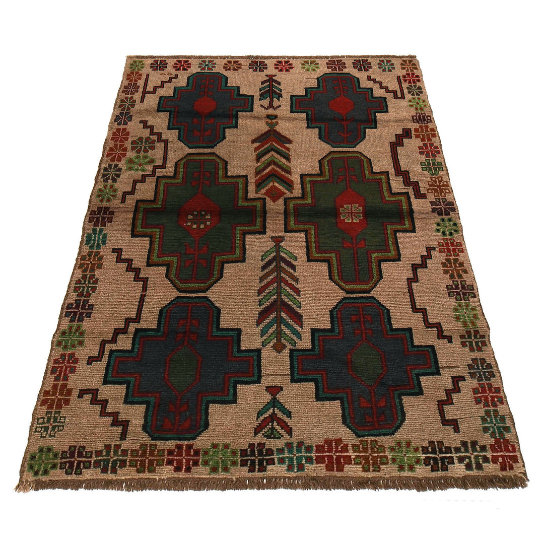 Tan Afghan Baluchi Rug 4' 0" x 6' 2" Hand-Knotted detail