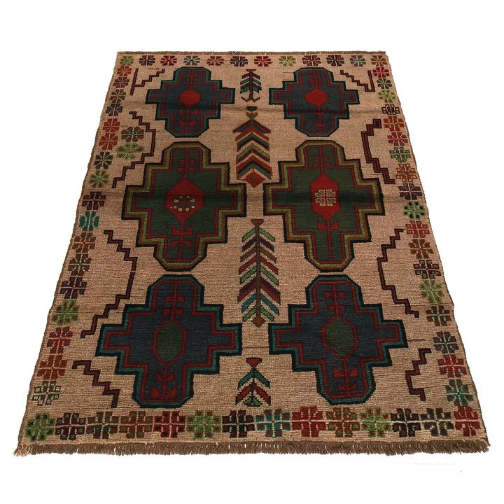 Tan Afghan Baluchi Rug 4' 0" x 6' 2" Hand-Knotted detail