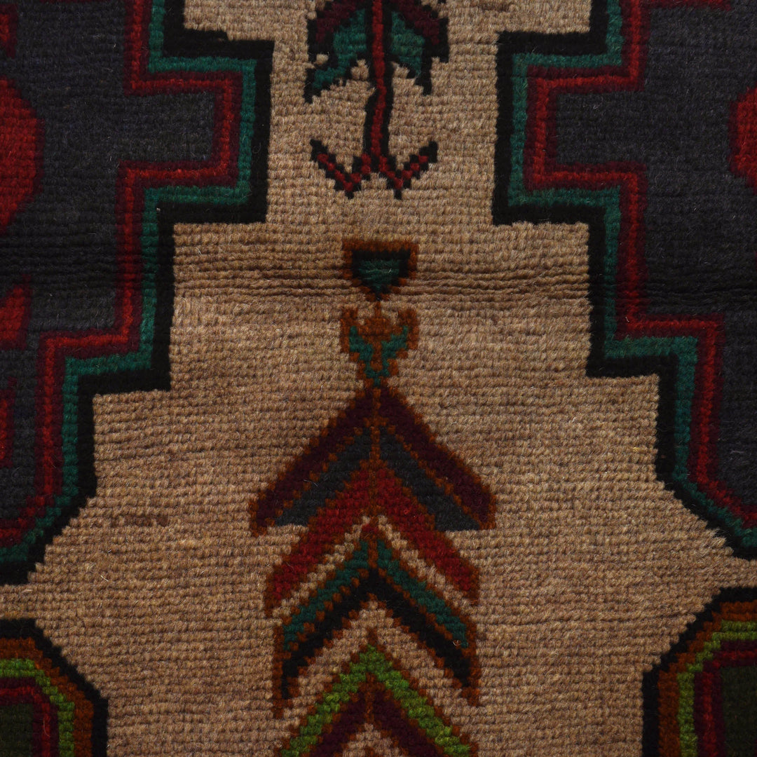 Tan Afghan Baluchi Rug 4' 0" x 6' 2" Hand-Knotted close-up