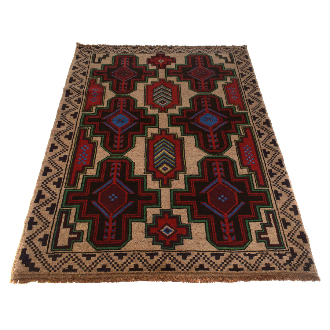 Tan Afghan Baluchi Rug 4' 1" x 6' 5" Hand-Knotted detail