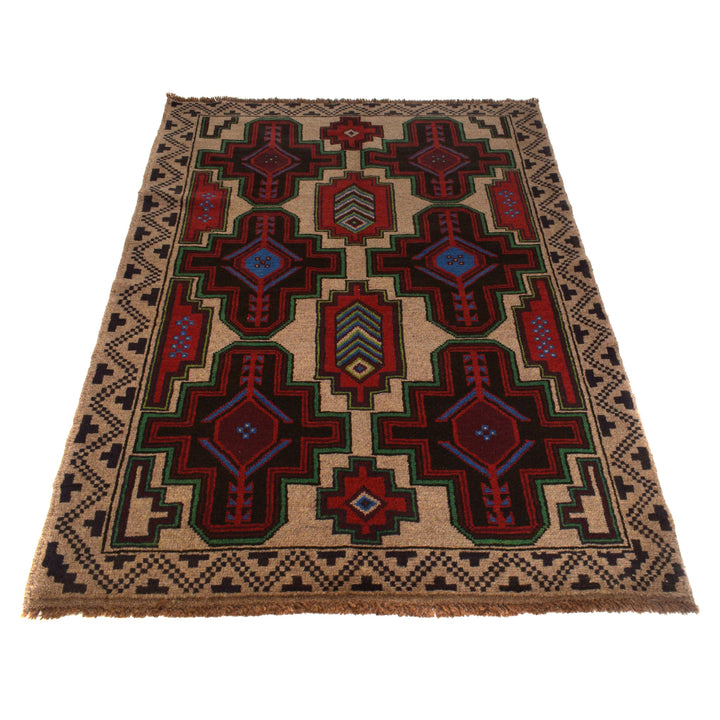 Tan Afghan Baluchi Rug 4' 1" x 6' 5" Hand-Knotted detail