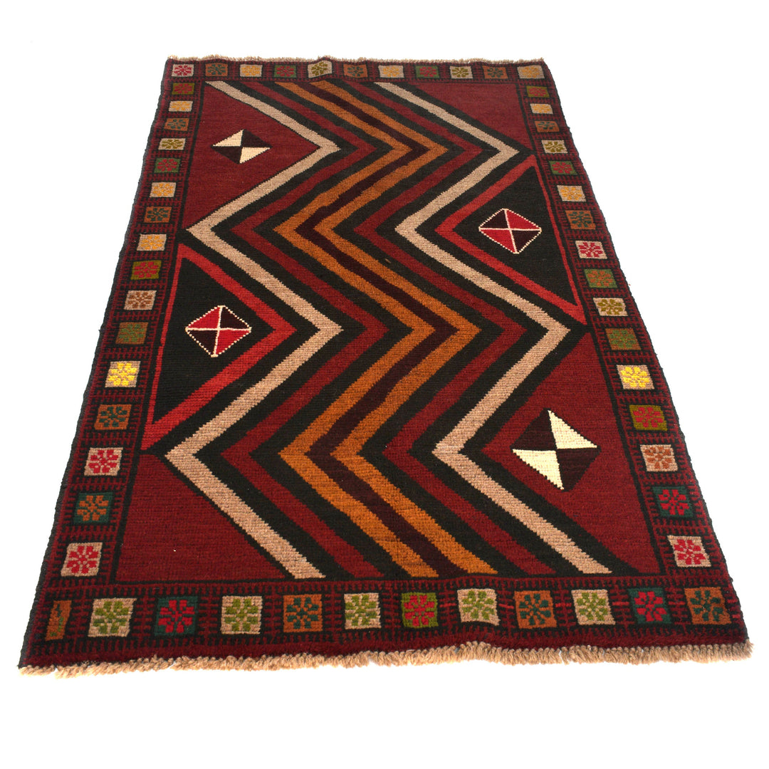 Red Afghan Baluchi Rug 3' 3" x 6' 4" Hand-Knotted detail
