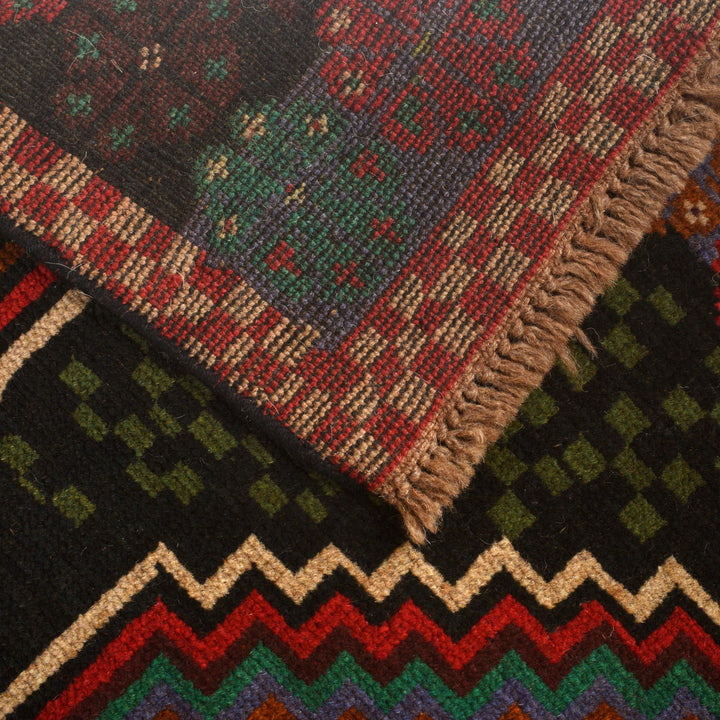 Black Afghan Baluchi Rug 4' 1" x 5' 11" Hand-Knotted pattern