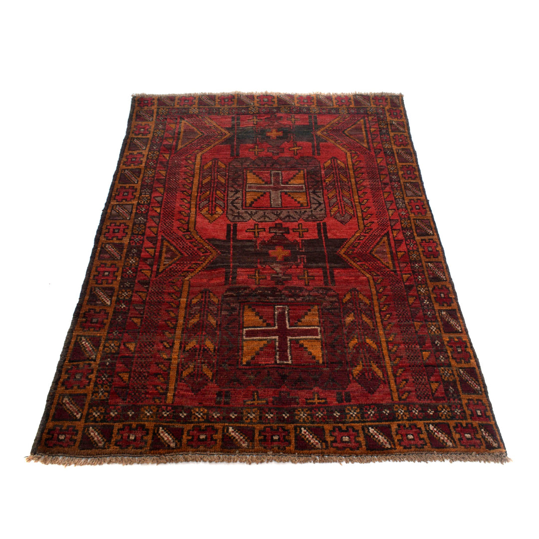 Red Afghan Baluchi Rug 3' 9" x 5' 10" Hand-Knotted detail