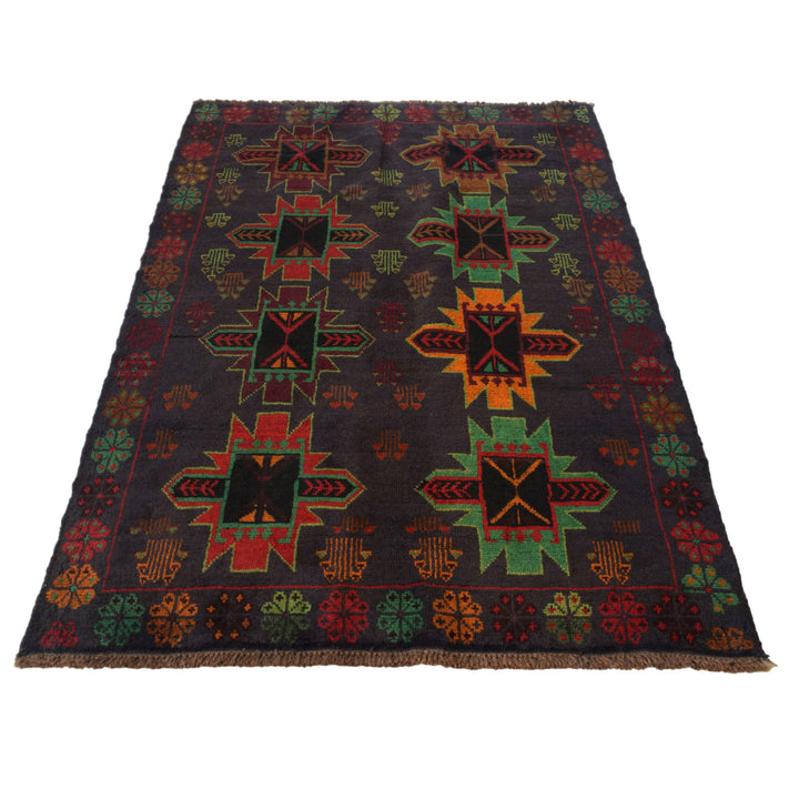 Black Afghan Baluchi Rug 3' 12" x 6' 2" Hand-Knotted detail