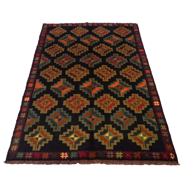 Black Afghan Baluchi Rug 3' 11" x 6' 1" Hand-Knotted detail