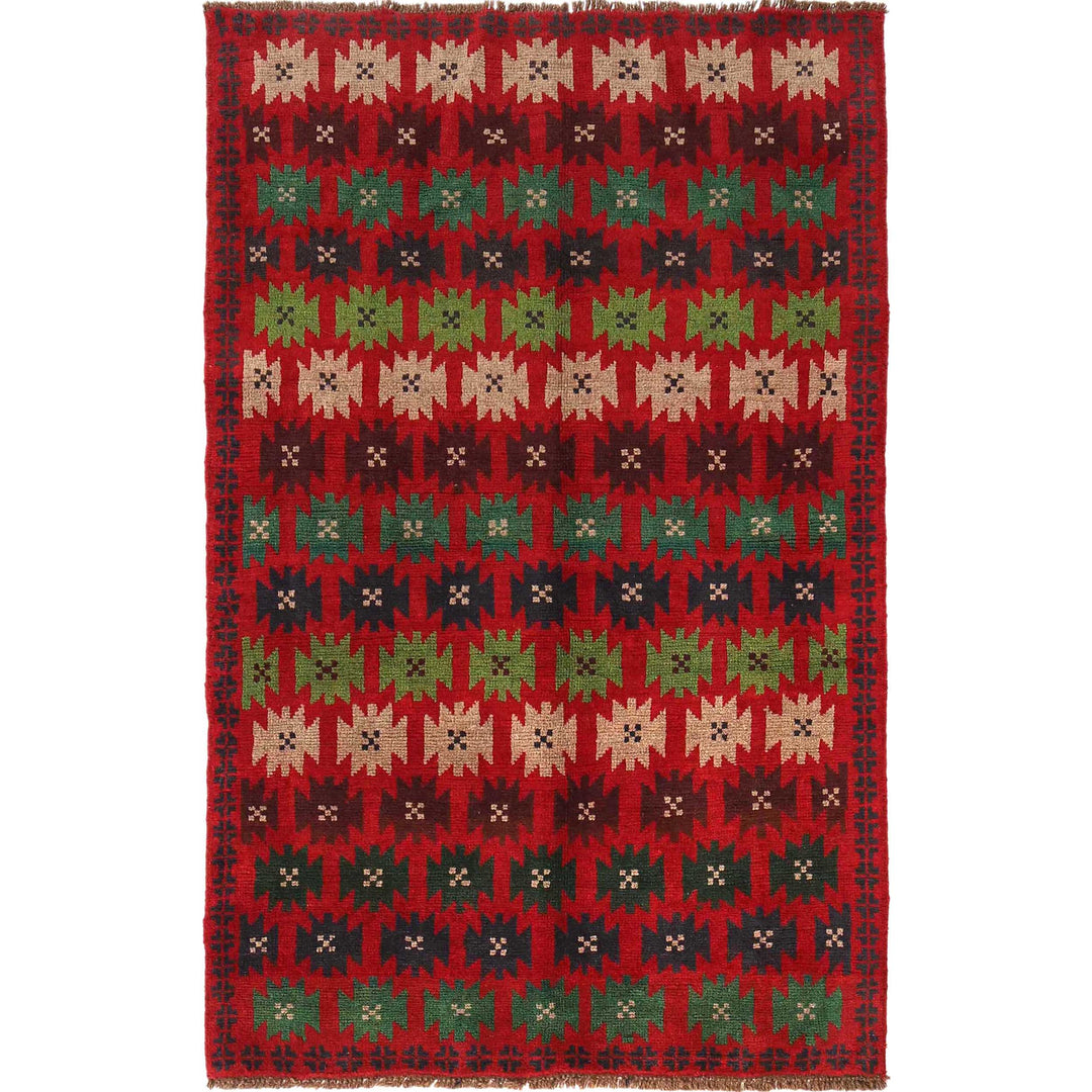 Red Afghan Baluchi Rug 4' 1" x 6' 6" Hand-Knotted